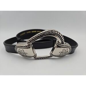 Chico's‎ Black Leather Belt Silver Tone Buckle Adjustable Hook 1131052 Sz S/M